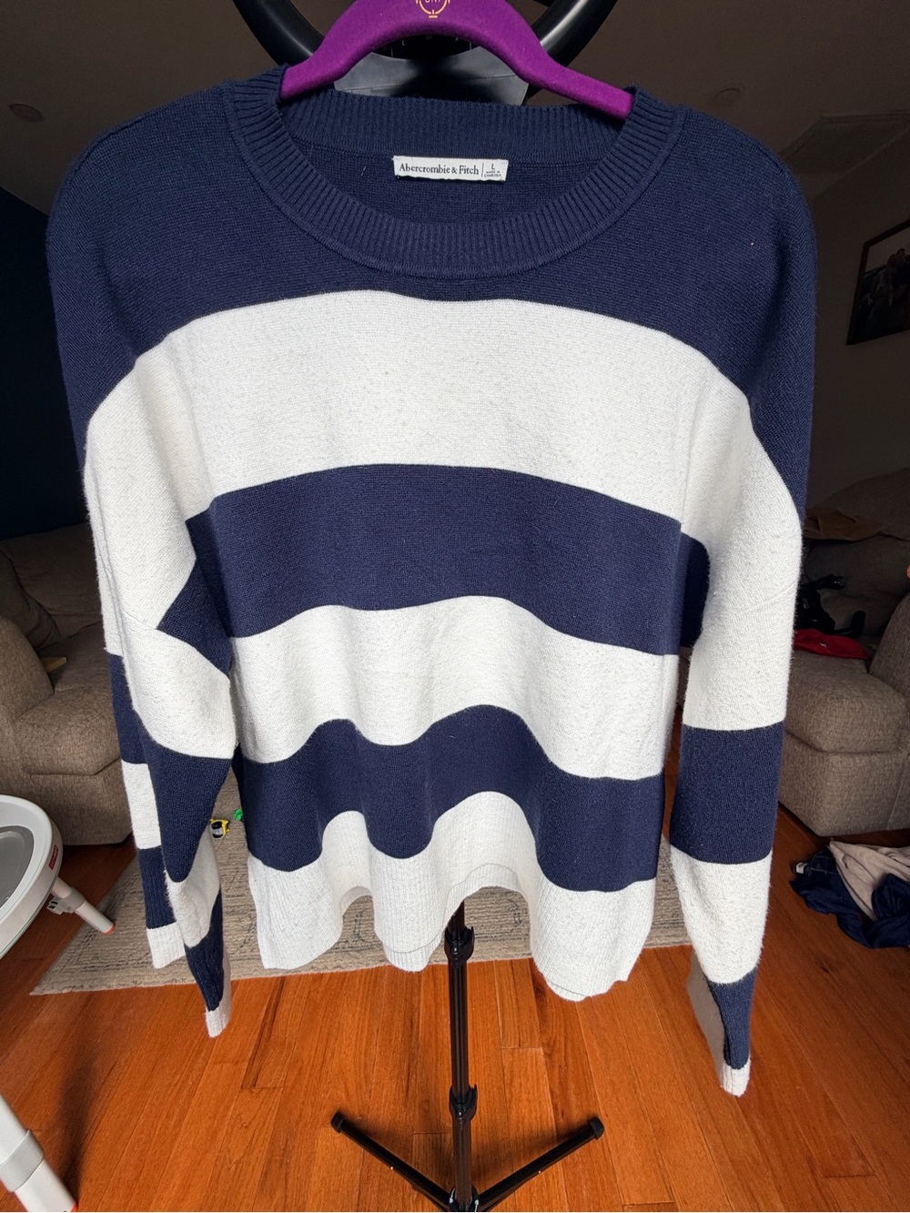 Abercrombie & Fitch Navy and White Wide-Stripe Crewneck Sweater
